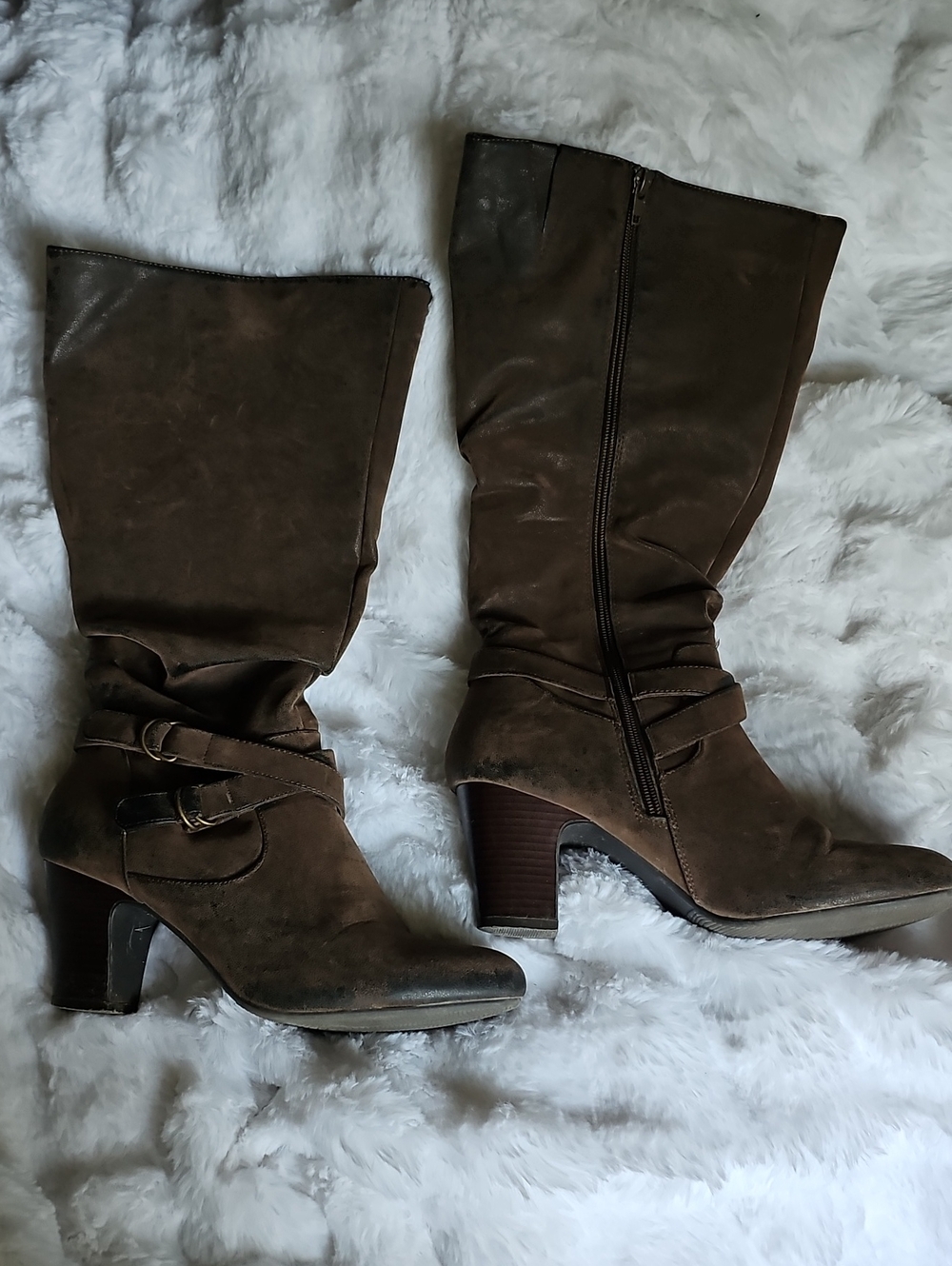 Women's Brown Mid-Calf Heeled Boots with Strap Detail